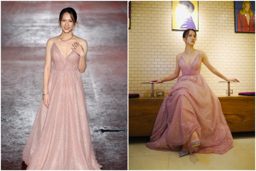 范宸菲出席金鐘獎時以一襲粉紅色的深V禮服走星光大道。（范宸菲提供）