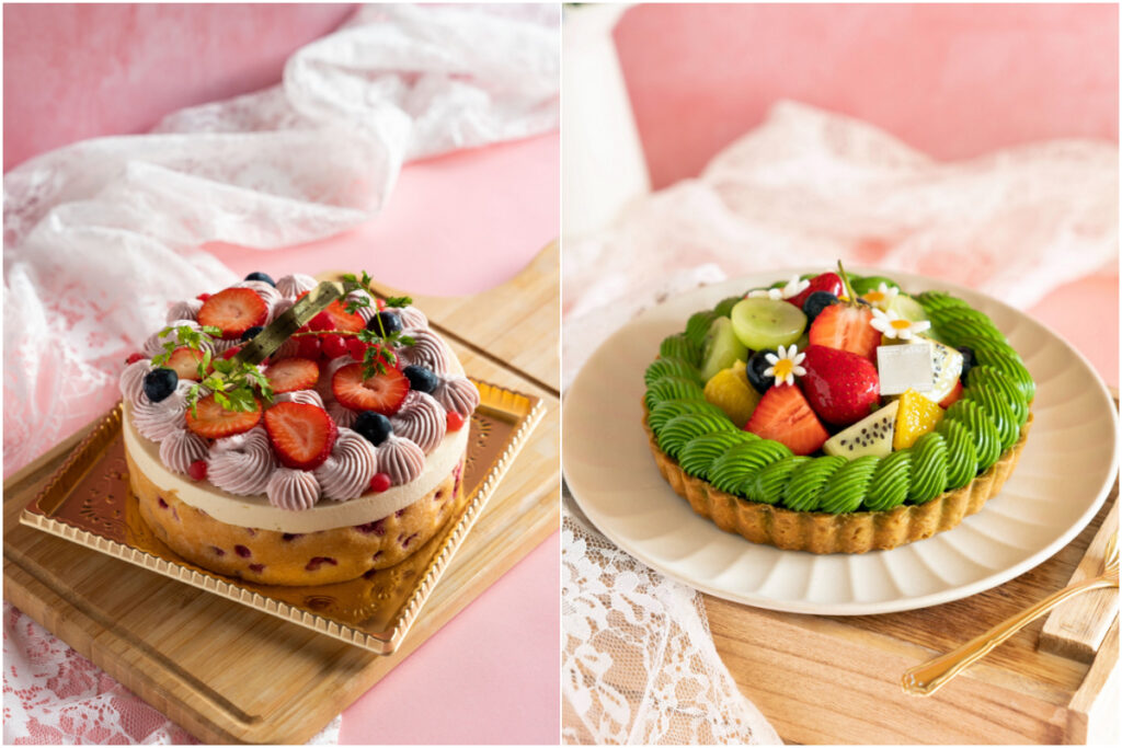 母親節限定「莓果香草慕斯蛋糕」與「金萱柚香水果塔」蛋糕。（小樽洋菓子舖提供）