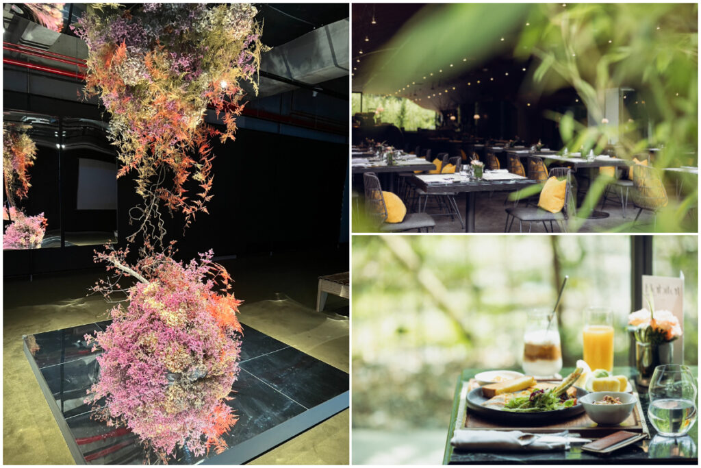 「荼靡」展覽中的花藝裝置《無限沙漏》，另外餐廳Habitat也以礁溪近郊山區的綠意為靈感研發菜色。（余玫鈴攝、了了礁溪提供）