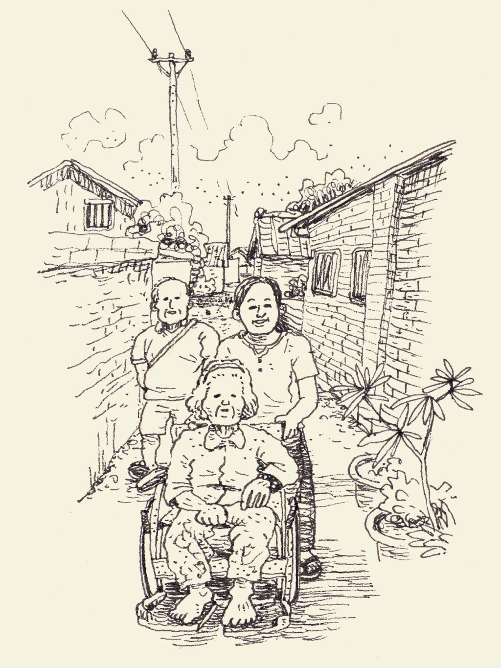 透過自己的親人，以及台西村中的老年人們，康舒雅在田調過程中，看見了老化的現實，也看見了偏鄉的高齡困境。（輪椅上的樹仔。插畫／沈恩民）